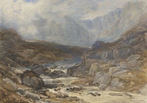Walesi hegyi jelenet Torrential Riverrel (akvarell testfestékkel és fekete krétával papíron)