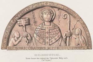 Tympaan van Egmond: íjdob Petrusszal, VI. Dirk holland gróffal és anyjával, Petronella grófnővel, 1120 körül Szobor. Kő az Egmonder Abdy templom bejárata felett (XII. század) (cím a tárgyon) alkotó: David van der Kellen