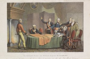 A főkormány elfogadása a triumvirátus által az narancssárga herceg nevében, 1813. november 21. Egy holland közigazgatás visszaadása Hollandiának. (1813. november 20.) (cím a tárgyon)