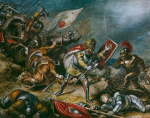 Egy festmény III. Richárdot ábrázolja, amint gyalogosan harcol a Bosworth-mezőn. Műalkotás.
