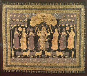 Krishna and his Gopis (átlátszatlan akvarell, arany és ezüst festett pamuton)