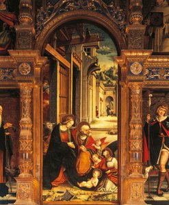 Születés, részlet a 16. századi oltárképről, Defendente Ferrari (1480 vagy 1485-1540), Ranversoi Szent Antal apátság, Buttigliera Alta, Olaszország