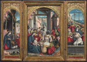 Triptichon középen a Születéssel, jobb oldalon a Mágusok imádása, bal oldalon Krisztus sírba helyezése, 1523