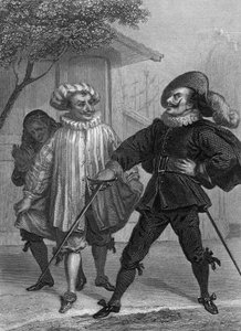 Játsszon Scapin cselszövéseit Moliere-től: G. Staal rajza után Delannoy metszete (1870)