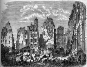 Párizs átalakulásai a második birodalom alatt, Haussmann Paris. Az Ile de la Cité egy részének megsemmisítése a Hotel Dieu bővítése érdekében, metszet egy