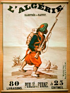 A könyvesbolt plakátja egy Algériáról szóló kiadványsorozatot hirdet, 1843