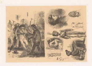 Férficsoport, mellette egy katonát tartalmazó kompozíció croquis; Scenes de la Revolution alkotó: Denis Auguste Marie Raffet