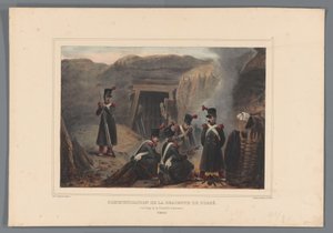 Katonai bij een mijngang, 1832 Kommunikáció az árok ereszkedéséről (cím az objektumon) Raffet rajzai az antwerpeni fellegvár ostromának életéből (sorozat címe a tárgyon) alkotó: Denis Auguste Marie Raffet
