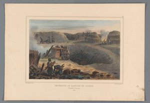 Militairten binnen een bastion, 1832 Toledo bástyájának belseje (cím az objektumon) Raffet rajzai az antwerpeni fellegvár ostromának életéből (sorozat címe a tárgyon) alkotó: Denis Auguste Marie Raffet