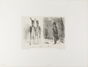 Lap vázlattal (Gárda gránátos, Napóleon egy bivakban) alkotó: Denis Auguste Marie Raffet