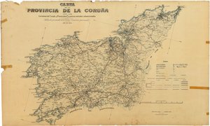 A Coruña tartomány térképe állami és tartományi utakkal, valamint támogatott környező utakkal. Megjelent őexcellenciájának egyetértésével. Tartományi Bizottság alkotó: Deputación da Coruña