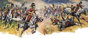 "Beléjük, szürkék!" Az Unió (lovassági) dandár támadása a waterlooi csatában (színes litográfia)