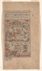 Hindu és muszlim tudósok fordítsák le a Mahábháratát szanszkritról perzsára, illusztrációt a Razmnama (Háborúk könyve) 1598-99 (tinta és színes papíron) alkotó: Dhannu fl.1580-1600 Dhannu fl.1580-1600
