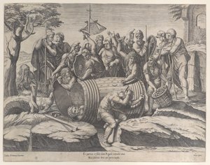 Marcus Atilius Regulus egy hordóban, miközben két férfi ütögeti a szögeket, különféle fi..., 1555-77.