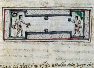 Aztékok pelotával, miniatűr Indiák történelméből (Historia de las Indias), Diego Duran (1537-1588), kézirat 1579-ből
