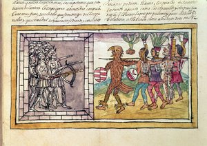 Codex Duran: Pedro de Alvarado (kb.1485-1541) az azték harcosok által ostromlott Hernando Cortes (1485-1547) fegyvertársa