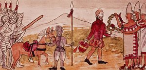Fol.208v Hernando Cortes (1485-1547) és Montezuma (1466-1520) találkozója, miniatűr Diego Duran „Az indiánok története” című művéből, 1579 (227180 részlet)