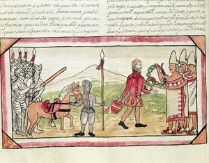 Fol.208v Hernando Cortes (1485-1547) és Montezuma (1466-1520) találkozása, miniatűr Diego Duran „Az indiánok története” című művéből, 1579