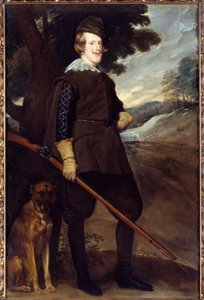 IV. Fülöp (1605-1665), spanyol király portréja vadászruhában, 30 évesen. Diego Rodriguez de Silva y Velasquez (1599-1660) festménye alkotó: Diego Velázquez