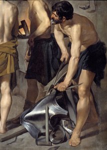 Vulkán kovácsműve, részlet. Az egyik kovács páncélon dolgozik. Diego Velasquez (1599-1660) festménye 1630 V. 2,23x2,90 m Madrid, Prado Múzeum alkotó: Diego Velázquez