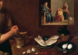 Konyhai jelenet Krisztussal Márta és Mária házában (az étel az asztalon Krisztussal, Márta és Mária a háttérben részlete, lásd: 99423), 1618 körül alkotó: Diego Velázquez
