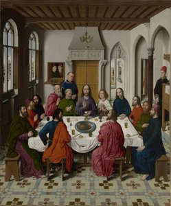 A manna gyűjtése és a páska (bal oldali kép), Az utolsó vacsora (középen), Ábrahám és Melkizedek találkozása, valamint az angyal által felébresztett Illés (1Királyok 19,5-6) (jobb oldali kép). alkotó: Dieric Bouts