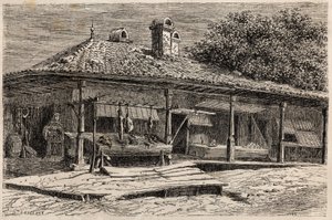 Egy hentesüzlet és egy pékség Bukarestben (Románia). Lancelot tervező 1860-as metszete a Párizsból Bukarestbe tartó utazás szemléltetésére a „Le tour du monde, nouveau Journal des voyages” című folyóiratban, amelyet Edouard Charton irányítása alatt adott k