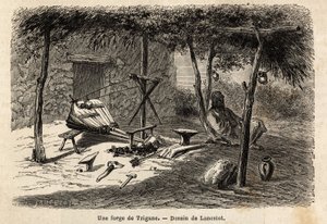 Egy cigánykohó a romániai Walachia régióban. A Párizsból Bukarestbe tartó utazást illusztráló metszet Lancelot rajzolótól 1860-ban, amelyet a „Le tour du monde, nouveau Journal des voyages” jelent meg Edouard Charton irányítása alatt. alkotó: Dieudonne Auguste Lancelot