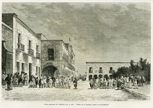 Valladolid városi palotája. Lancelot metszet a Ma last expedition au Yucatan történetének illusztrálására, Desire Charnay in le tour du monde 1887, rendezte: Edouard Charton (1807-1890), Hachette, Párizs.