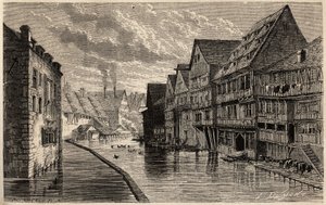 Régi bőrgyárak Ulmban, Lancelot rajza, Victor Duruy Párizsból Bukarestbe tartó utazásának illusztrálására 1860-ban. Metszet a „” Le tour du monde”-ban, szerkesztette Edouard Charton alkotó: Dieudonne Auguste Lancelot