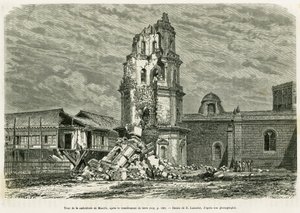 A manilai katedrális tornya, az 1880. július 18-i földrengés után. Lancelot metszete a Lucon és Palaouan, hat éve a Fülöp-szigeteken című történet illusztrálására, Alfred Marche
