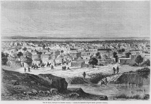 Kano (Nigéria) képe Heinrich Barth (1821-65) „Utazások és felfedezések Észak- és Közép-Afrikában” című könyvéből, amely a „Le Tour du Monde”-ban jelent meg, metszett: Charles Maurand (19. század) 1860 (metszet)
