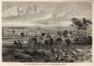 Melbourne (Ausztrália) látképe, Lancelot rajza egy 1854-1859-ben Ausztráliában élõ francia squatter emlékeinek illusztrálására, M. de Castella. Metszet „” Le tour du monde”” 1861. Selva gyűjteményében. alkotó: Dieudonne Auguste Lancelot