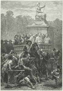 Tumbrill tele rabokkal a guillotine felé tartva, francia forradalom (metszet)