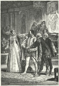 Essex grófja kard rántásával fenyegetőzik, miután I. Erzsébet királynő a füle köré bilincselte szemtelensége miatt, 1598