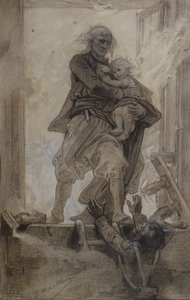 Lantenac márki megment egy gyereket, Victor Hugo (1802-85) illusztrációja a Quatre-vingt-treize-ből (ceruza, zsírkréta és gouache papíron)