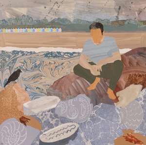 Tengerparti kunyhók és kövületek (kollázs) alkotó: Dione Verulam