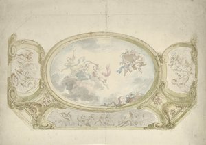 Mennyezeti festményterv: ovális allegorikus ábrázolással, putti jelenetekkel körülvéve alkotó: Dionys van Nijmegen (possibly)