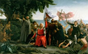 Kolumbusz Kristóf első partraszállása Amerikában, 1862. alkotó: Dioscoro Teofilo Puebla Tolin