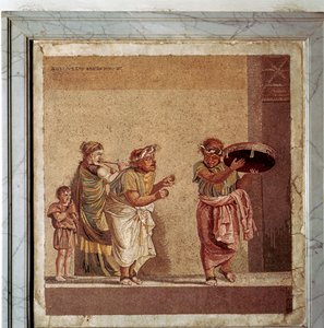 Zenészek és álarcos színészek római mozaikja egy színdarabban, Pompeii, Olaszország alkotó: Dioscurides