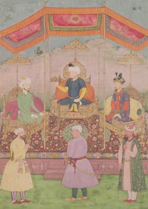 Babur mogul császár és fia, Humayan, indiai miniatűr Radzsasztánból, 16. század alkotó: Dip Chand