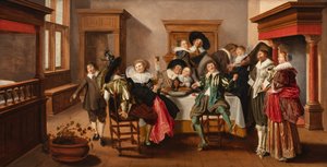 Egy vidám társaság egy belső térben, 1615-25 körül (olaj, panel)