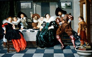 Elegáns társaság egy asztalnál egy belső térben (olaj, panel) alkotó: Dirck Hals