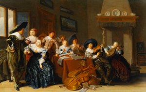 Elegáns figurák hangszerekkel egy asztalnál ülve és egy fiatal hölgy énekel a belső térben, 1637