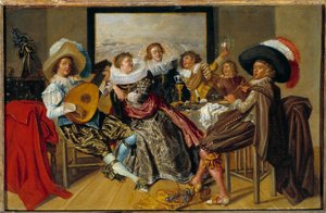 Galant Meeting Zenészek és fiatal nők zenélnek és poharukat emelik egy partin. Dirk Hals (1591-1656) festménye 1625 V. 0,3x0,46 m