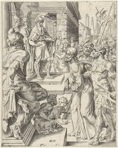 Krisztus Pilátus előtt Az emberiség bukása és megváltása Krisztus életén és szenvedésen keresztül (sorozat címe) alkotó: Dirck Volckertsz. Coornhert (attributed to)