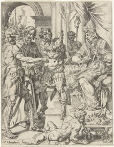 Krisztus Anna főpap előtt Az emberiség bukása és megváltása Krisztus életén és szenvedésen keresztül (sorozat címe) alkotó: Dirck Volckertsz. Coornhert (attributed to)