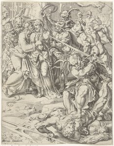 Judas Kiss és Krisztus letartóztatása Az emberiség bukása és megváltása Krisztus életén és szenvedésen keresztül (sorozat címe) alkotó: Dirck Volckertsz. Coornhert (attributed to)