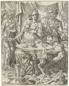 Judith és Holofernész lakomáznak Judith és Holofernes (sorozat címe) alkotó: Dirck Volckertsz. Coornhert (attributed to)