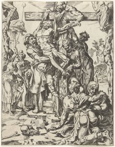 Leszállás a keresztről Az emberiség bukása és megváltása Krisztus életén és szenvedésén keresztül (sorozat címe) alkotó: Dirck Volckertsz. Coornhert (attributed to)